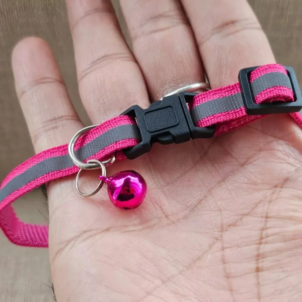 Cat Collar W/ Bell Pink/Gray Reflective Nylon Cat Safety Collar Size Adjust